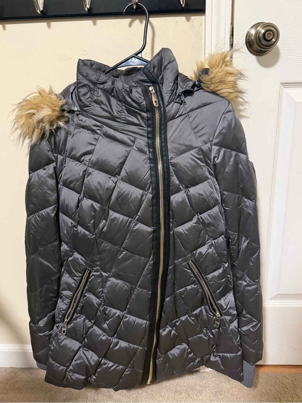 Steve Madden Quilted Hooded Puffer Jacket with Faux Fur Trim - Gray